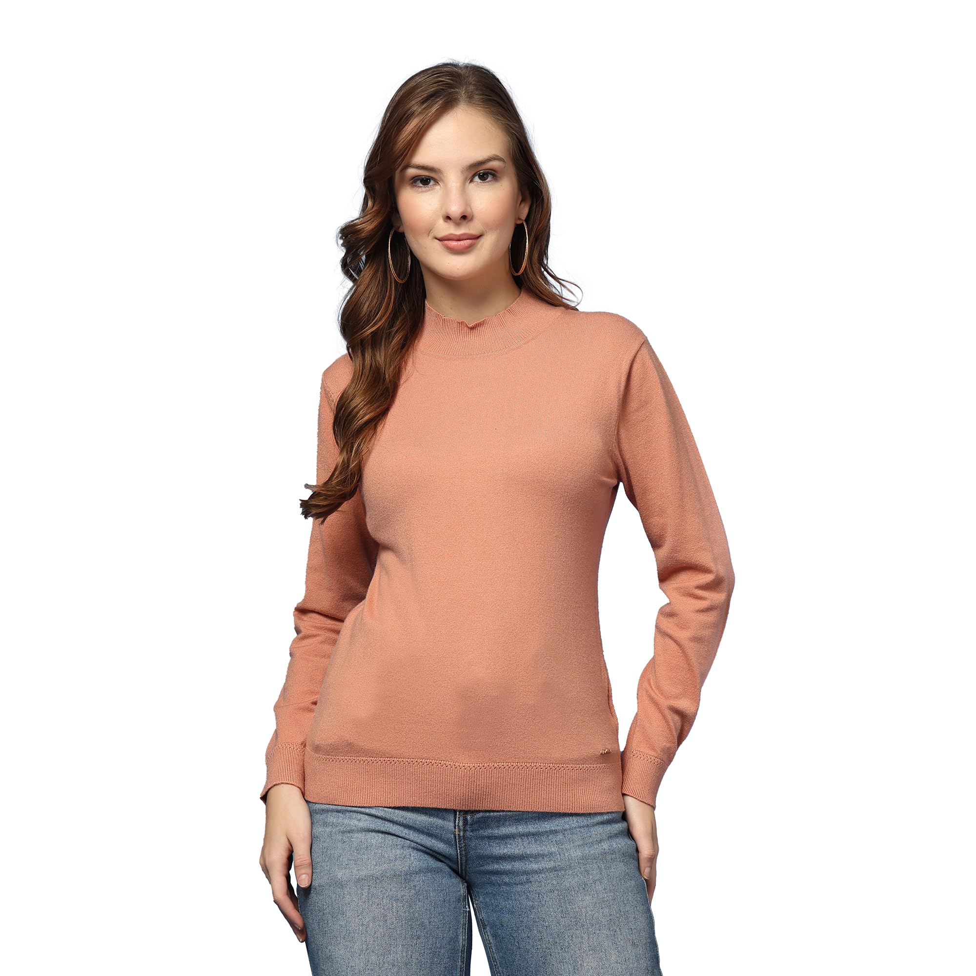 Buy Thirty Thread Womens Peach Solid Mock Neck Regular Long Sleeve